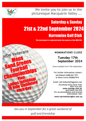 NSW Veterans Mens' Sand Greens Fourball Championships & Ladies Individual 18 Hole Stableford each day